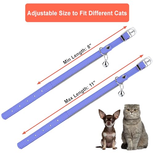 OOPSDOGGY Rolled Leather Cat Collar with Bell, Reflective Kitten Collars with Buckle Include Safety Elastic Strap - Adjustable Small Pet Collars for Boy Girl Cats (Lilac) - color: Lilac