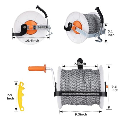 Extended 3:1 Geared Electric Fencing Reel, with 3300ft Premium Polywire - size: 3937 ft x 1 extended reel x 1 Handle