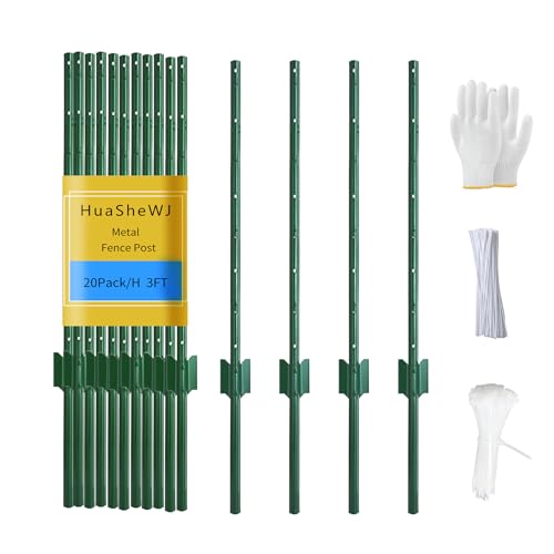 Metal Fence Post 3 Feet Green, Pack of 20, T Post for Wire Fence, No Dig Steel U Posts Fencing for Lawn Garden Wire Mesh Fences Poles Sign Outdoor - color: Green 20pcs, size: 3 ft.