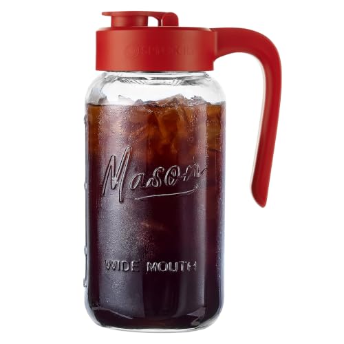Mason Jar Pitcher, 64 oz (2 quart), Glass Pitcher with Lid | Airtight, Leak proof, Ergonomic Handle, Pour Spout Lid, Fridge Safe, for Sun Tea, Iced Tea, Cold Brew, Lemonade, Outside - color: Red