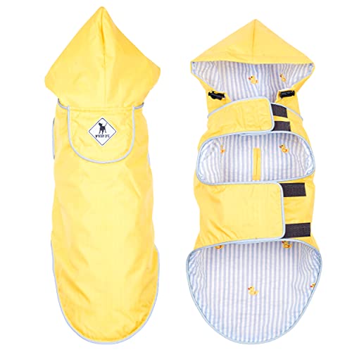 THE WORTHY DOG Seattle Slicker Raincoat with Harness Hole and Hood, Yellow | Wind & Water-Resistant Nylon Outershell, adjustable touch fasteners, soft cotton lining with Rubber Duck print, Yellow, Small - color: Yellow, size: Small