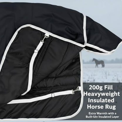 Winter Turnout Horse Blanket Waterproof 200g Fill,75 Size | 600D Tear Rip Resistant Shell, Snowproof Breathable Design, Adjustable Chest Leg Straps for Real Horses in Winter Weather - size: 75 Size