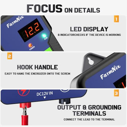 Electric Fence Charger,9.32 Miles/15 Km,12KV Output Voltage 2J Energy Output,AC DC Electric Fence Energizer with LED Display for Preventing Wild Animals Intruding Great for Gardens,Poultry and Pets