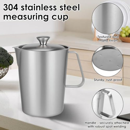 1 Pcs 2L/70 oz Large Stainless Steel Pitcher with Lid, Metal Measuring Cup with Handle & Scales, Wide Mouth Graduated Beakers, Milk Frothing Jug Metal Pitcher for Coffee Latte Art, Hot/Cold Water