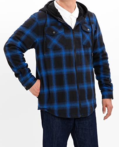 ZENTHACE Men's Sherpa Lined Full Zip Hooded Plaid Shirt Jacket - color: Blue/Black, size: Small