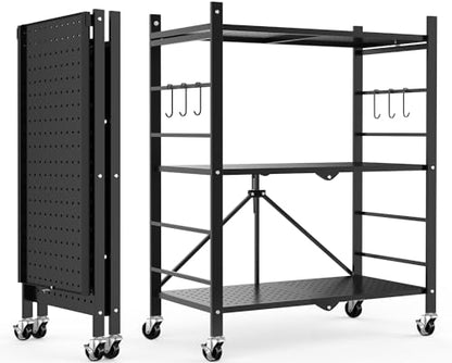 Himix 3 Tier Foldable Storage Shelf with Wheels 6 Hooks No Assembly Black - color: Black, size: 3-Tier