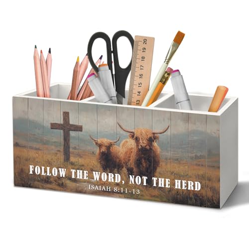 Christian Highland Cow Pen Holder Organizer for Desk Accessories, Follow the Word Not the Herd Bible Verse Rustic Highland Cow Wooden Box Sign Desk Decorations for Home Office Decor - color: Cow-7, size: 2.5"D x 7.8"W x 3.5"H