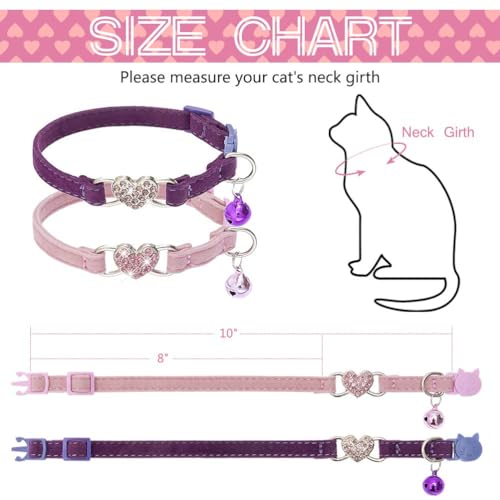 BINGPET Cat Collar Breakaway with Bell, Bling Kitten Collar,Pink&Purple - color: Heart (Pink + Purple)-2pcs