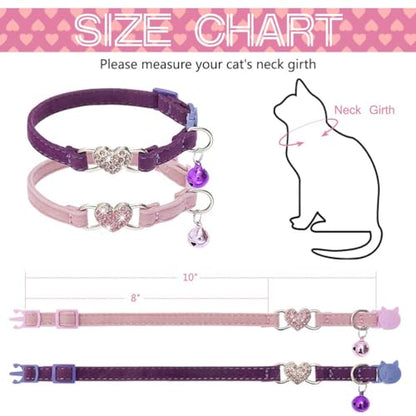 BINGPET Cat Collar Breakaway with Bell, Bling Kitten Collar,Pink&Purple - color: Heart (Pink + Purple)-2pcs