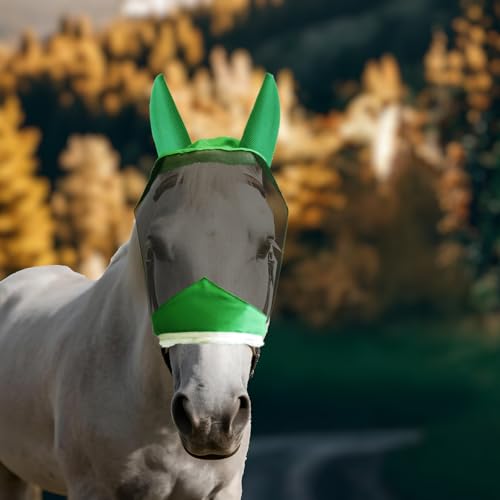 Fly Masks for Horses with Ears and NO Nose Cover - Comfortable Horse Fly mask with Ears for UV Protection & Sun Shield – Soft Lightweight- Breathable Horse mask (Green, (Full) Large)NO nose - style: No nose