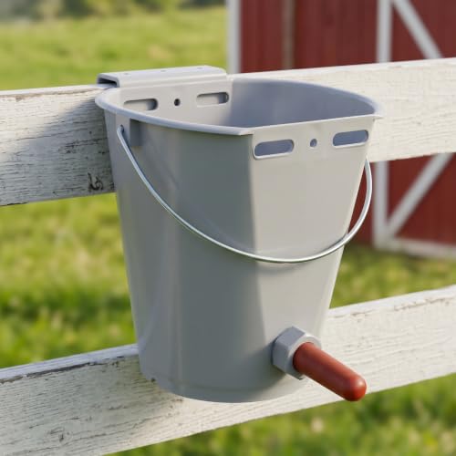 3 Pcs 8.45 Quart Calf Nursing Bucket Feeder with Nipple and Hanger | Hanging calf pails for over-the-fence feeding, suitable for calves, cattle, stalls, barns, and livestock care.