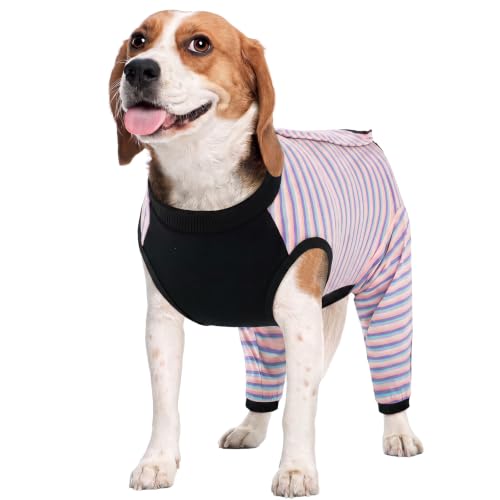 Kuoser Dog Recovery Suit with Anti Licking Rear Leg Sleeve, Purple M - color: Purple Stripes, size: Medium (Back Length: 34cm / 13.38")