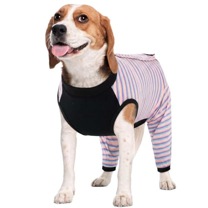 Kuoser Dog Recovery Suit with Anti Licking Rear Leg Sleeve, Purple L - color: Purple Stripes, size: Large (Back Length: 40cm / 15.74")