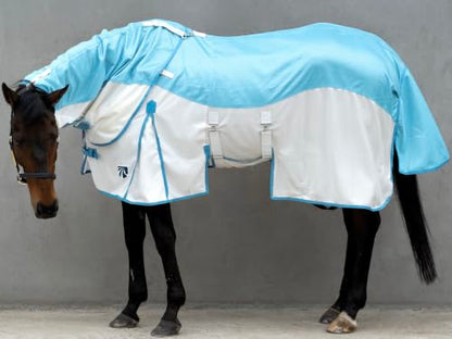 Mesh Horse Fly Sheet with Detachable Neck Cover | Dual-Zone UV Protection & Breathable Design | Elastic Webbing Belly Wrap & Leg Straps | Blue, 69 Inch - color: Glacier Blue, size: 69