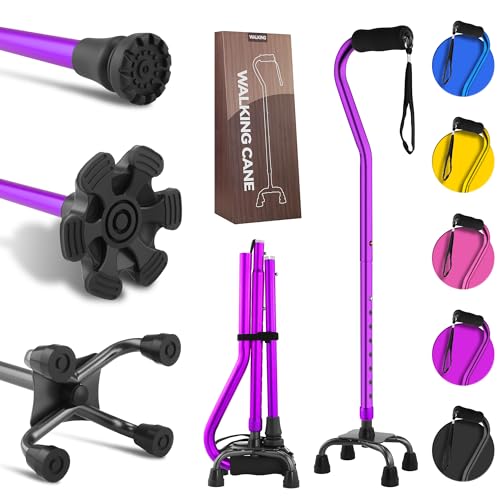 LIXIANG Walking Canes Stablize Women Quad Canes for Seniors & Adults Foldable Adjustable for Men & Women Heavy Duty Freestanding Cane for People with Leg Injuries 3 footings - color: Purple01