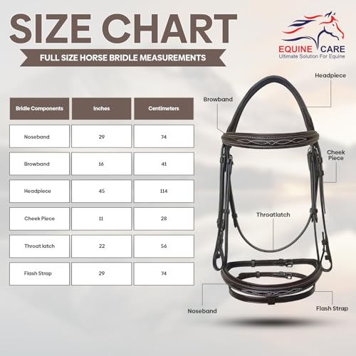 Equine Care English Horse Bridle with Reins, Padded, 6 Browband Styles - color: Havana Brown