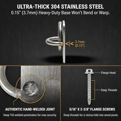 Heavy Duty 304 Stainless Steel Horse Tie Ring Anchors 2 Pack | Rustproof equine tie down hardware for trailers stalls & farms, jam-free rotation, includes 4 lag screws