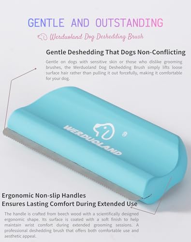 Deshedding Brush for Dogs and Cats, Wooden Ergonomic Handle | For short, long, double-coated dogs and cats. Gently removes loose undercoat without scratching. Wooden ergonomic grip. - color: blue