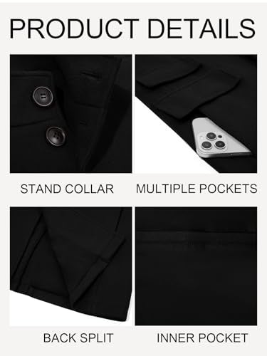 Runcati Mens Pea Coat Single Breasted Mid Long Trench Coat Overcoat | Slim Fit, Stand Collar, Fall Winter, Jacket, Pocket, Warm, Casual, Dress, Business, Christmas Gift - color: Black, size: Medium