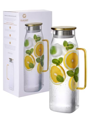 GLASKEY 74oz Square Glass Pitcher with Lid and Handle for Fridge,Borosilicate Glass Carafe for Hot or Cold Drink, Large Jug for Iced Tea,Coffee,Juice,Homemade Beverage (Gold) - size: 74 Ounces