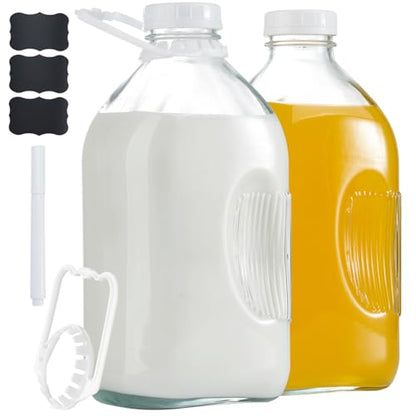 FyndraX Glass Milk Jugs Bottles - Half Gallon / 2Qt Container Pitcher with Airtight Screw Lids and Handle for Milk, Breastmilk, Juice, Iced Tea, Cold Water, 64 OZ Set of 2 - color: 2 Pack