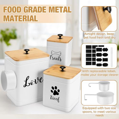 Jingmore Metal Dog Treat Containers Set of 3 with Bamboo Lids and Spoon Airtight 7+3+2 lbs Dog Food Snack Jars with DIY Labels Big Pet Cookie Storage Jar for Kitchen Counter(White,Modern) - color: White, style: Modern