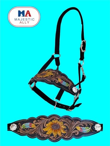 Majestic Ally Equestrian Designer Bronc Halter for Horses, Hand-Tooled Leather Nose, Padded Nylon Crown and Noseband - style: Yellow Sunflower