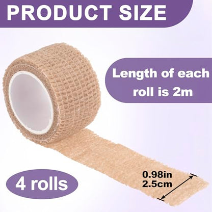 4 Pack Self Adhesive Bandage Wraps, 0.98''x 2.18 Yards Cohesive Elastic Bandages, Breathable Wraps Rolls for Ankle Wrist Foot Knee Fingernails - Skin Color