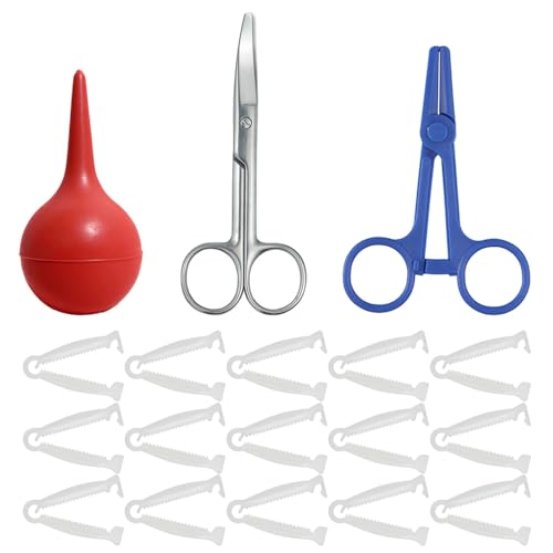 Animal Birth Kit with Curved Scissors | Disposable Umbilical Clamps, Hemostat, Bulb Syringe | Safe Delivery for Puppies, Kittens, Lambs, Piglets & Calves (Farm & Home Use) (Red - Rubber) - color: Red - Rubber