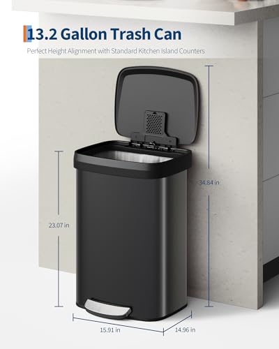 Garvee 13 gal / 50 L Metal Trash Can with Lid, Large Garbage Can for Kitchen, Rustproof Step-on Kitchen Metal Trash Bin with Liner Rim, Rear Handle, Soft Close Plastic Lid, Black - color: Black, size: 13.2 Gallons