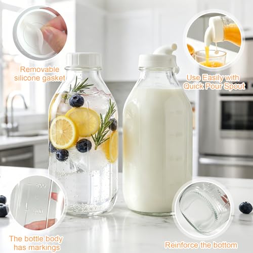 2 Pack 32oz Glass Milk Bottles with Airtight Lids