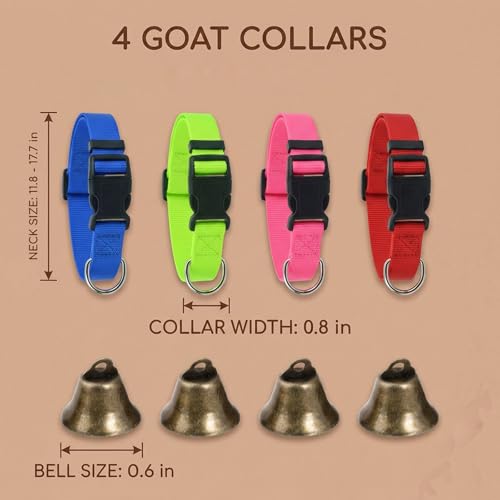 4Pcs Goat Collars with Bells, Nylon Animal Collars in Red Green Blue Pink Colors, Adjustable Farm Collar for Grazing Management and Animal Tracking, Durable Livestock Accessories for Small Farms