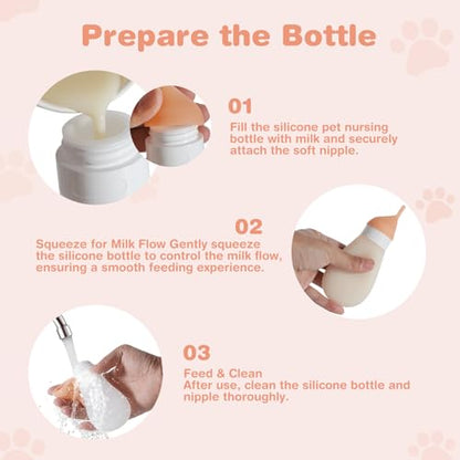 Silicone Kitten/Puppy Feeding Bottle, Squeezable, 3.2oz White | Soft silicone squeezes to control flow. Anti-choke vent. Kit includes syringe, extra nipples, needles for safe feeding.