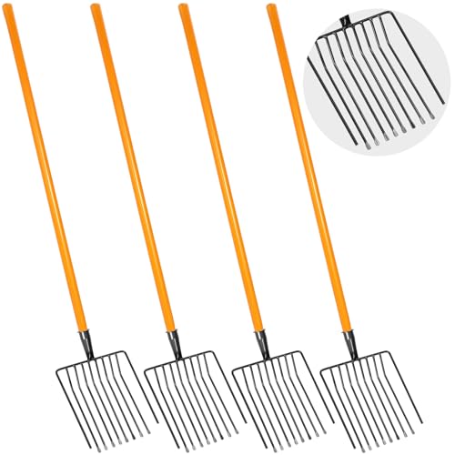 4 Sets Pitch Fork 10 Tines Wide Manure Fork with Long Handle Heavy Duty Muck Rake Broadfork Garden Tool for Gardening Horse Stall Picking up Manure Farm