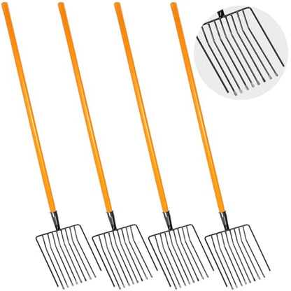 4 Sets Pitch Fork 10 Tines Wide Manure Fork with Long Handle Heavy Duty Muck Rake Broadfork Garden Tool for Gardening Horse Stall Picking up Manure Farm