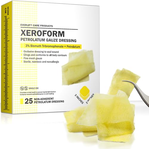 EVERLIT Xeroform Petrolatum Dressing | Sterile, Non-Adherent Occlusive Fine Mesh Gauze Pad | Non-Toxic, Gentle Patch for Burns, Laceration, Surgical Incisions & Skin Grafts (2" x 2" | Pack of 25) - size: 2" x 2" | Pack of 25