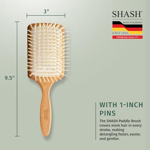 Made in Germany - SHASH Large Paddle Hair Brush, Thick And Curly Hair - Detangler With Long Pins & Rubber Cushion - Helps Detangle Knots, Eliminate Frizz, Reduce Pulling & Snagging - size: Large