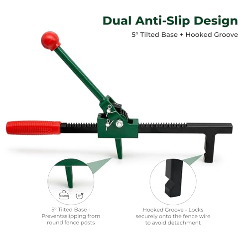 Chain Link Fence Puller Tool, Heavy-Duty Ratcheting with 9-Inch Stretcher | 9" ratchet travel, 5° tilted base & hooked groove. Pulls woven/barbed wire. One-person pulling tool for farm, ranch, garden