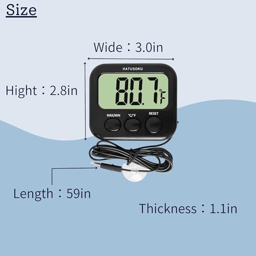 HATUSOKU Digital Thermometer with External Sensor, Magnet, Suction Cup, Water Thermometer, Aquarium, Refrigerator, Freezer (Black)