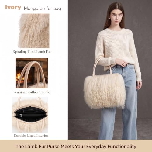 Women Luxury Real Curly Mongolian Lamb Fur Purse - color: Ivory