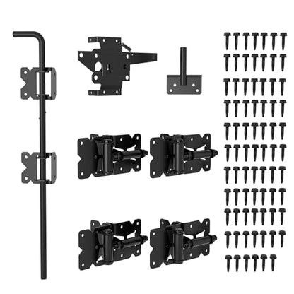 SKYSEN Self-Closing Fence Gate Hinges, Latch, and 24" Drop Rod for Double Gate Fence, Fence Gate Hardware - Easy to Install, Sturdy and Durable - Black Plastic Coated(smzt-01)