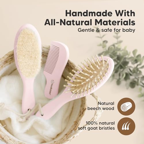 Baby Hair Brush and Comb Set for Newborn and Baby Washcloths Bundle - Natural Wooden Hairbrush with Soft Goat Bristles for Cradle Cap (Oval, Blush) - Baby Towels and Washcloths (Blush Pink)