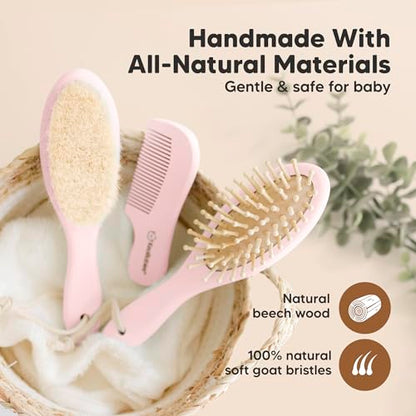 Baby Hair Brush and Comb Set for Newborn and Baby Washcloths Bundle - Natural Wooden Hairbrush with Soft Goat Bristles for Cradle Cap (Oval, Blush) - Baby Towels and Washcloths (Blush Pink)