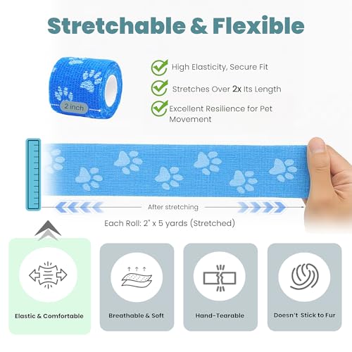 MEDUWEDU Pet Bandage 6 Rolls, Adhesive Bandage, Self Adhesive Bandage, First Aid Adhesive Gauze, for Horses, Dogs,Cats, Birds, Animals (Paw Prints, 2 Inch (Pack of 6)) - color: Paw Prints