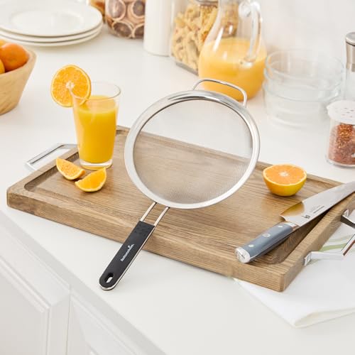 Restaurantware Fine Mesh Strainer 1 Count 15" x 7.8" x 3" with Silicone Handle Stainless Steel Extra Fine Mesh Strainer Heat-Resistant Handle Dishwasher-Safe for Rice, Quinoa, Pasta - size: Standard, Extra Fine Mesh-7 3/4"