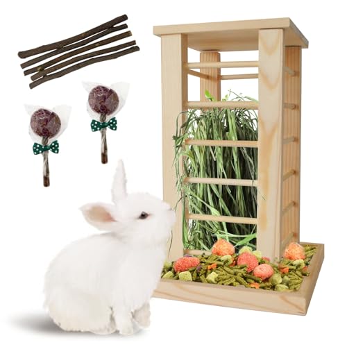 Rabbit Hay Feeder Wooden Bunny Hay Rack Guinea Pig Feeding Manger Standing Rabbits Grass Holder Small Animals Less Waste Food Dispenser for Chinchillas Hamsters Bunnies Gerbil