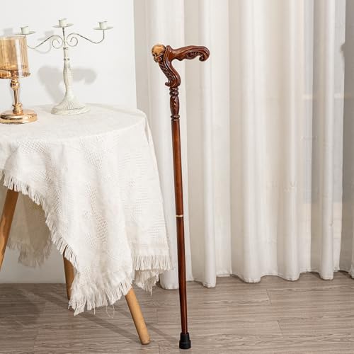 Hand Carved Wooden Walking Cane with Ergonomic Handle and Rubber Tip for Men and Women - Fashionable Unique Walking Stick for Seniors - 37 inch - style: Skull
