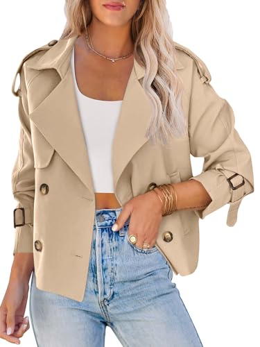 Saodimallsu Women Crop Double Breasted Trench Coat Short Cropped Jacket - color: Beige, size: Small