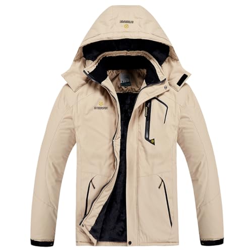 Men's Winter Ski Jacket Warm Fleece Waterproof Outdoor Mountain Hiking Windbreaker Hooded Snow Rain Coat - color: Khaki, size: Large