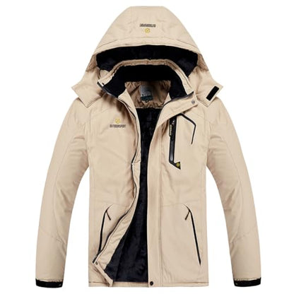 Men's Winter Ski Jacket Warm Fleece Waterproof Outdoor Mountain Hiking Windbreaker Hooded Snow Rain Coat - color: Khaki, size: Medium